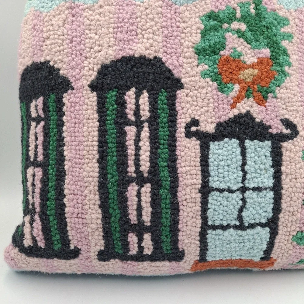 Peking Handicraft Holly Stripe Shaped House Hooked Pillow 16x18 Wool Christmas